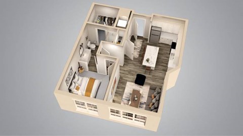 A 3D rendered image of a house layout.